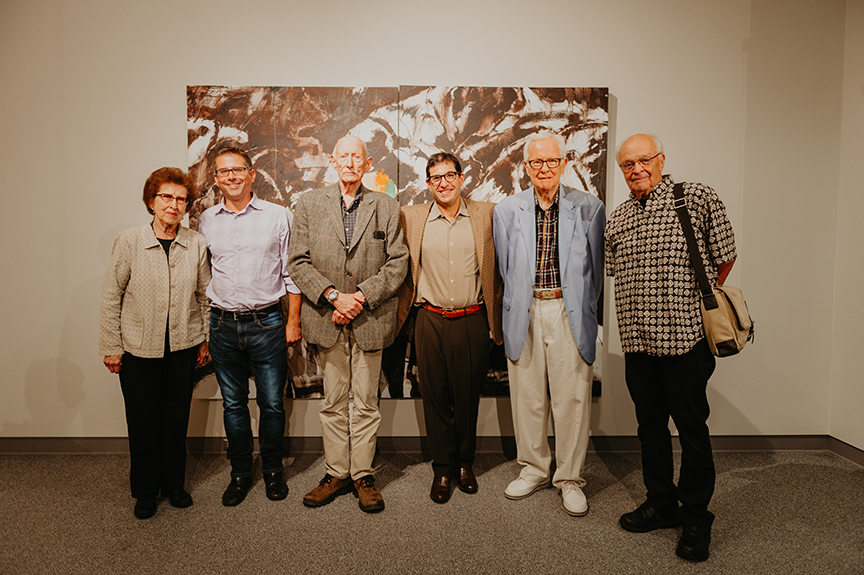 Left to right:  Dorene Eisentrager, Aaron Holz, David Routon, Matthew Sontheimer, Dan Howard and Doug Ross at the opening reception for "A Celebration of Painting at UNL." Photo by Justin Mohling.