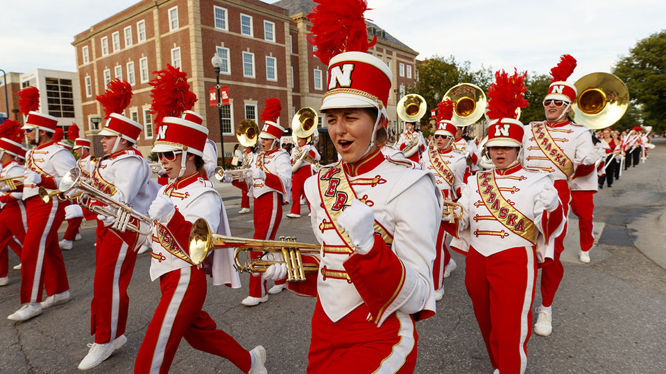 The Cornhusker Marching Band performs during the 2017 Homecoming parade. The 2018 parade starts at 6 p.m. Sept. 28. | University Communication