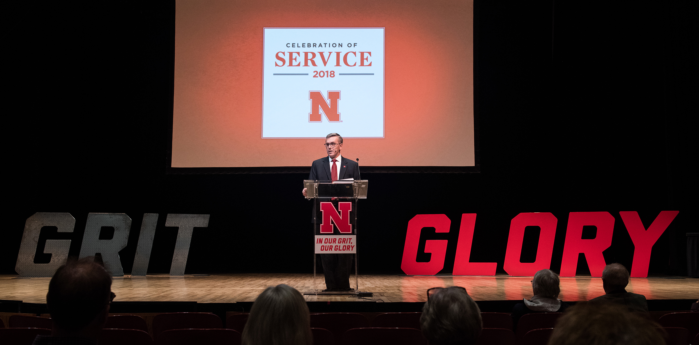 Chancellor Ronnie Green addresses the nearly 300 faculty and staff who attended the Celebration of Service in Kimball Recital Hall on Sept. 25.  |  Greg Nathan, University Communication