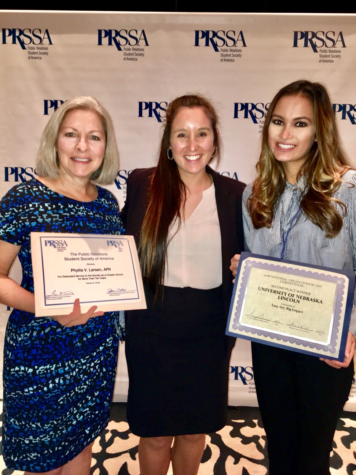 (from left) Prof. Phyllis Larsen, PRSSA President Paige Stanard, and Christina Neary, PRSSA Director of Public Relations and NODAC team member represented UNL at the 2018 PRSSA National Conference.