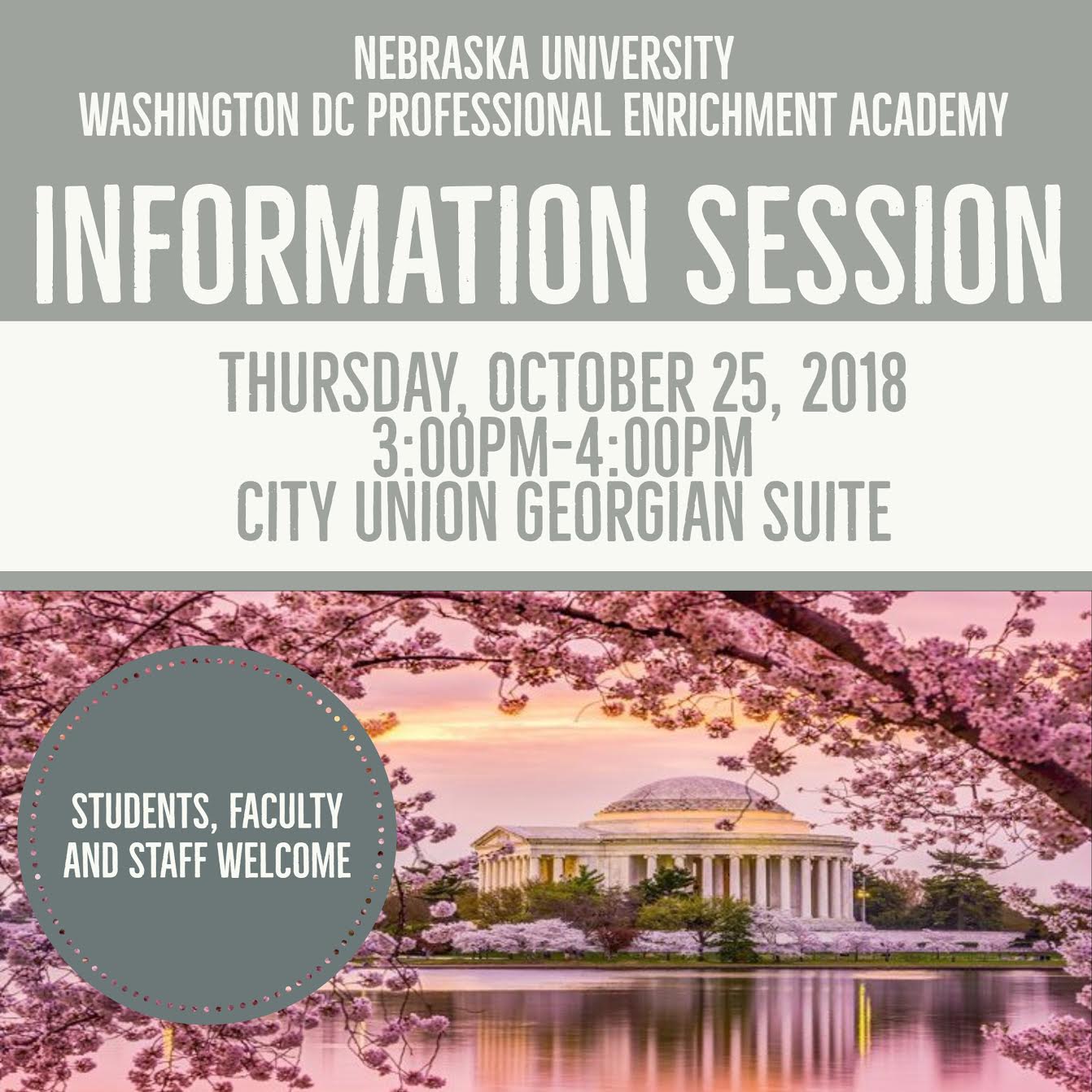 Nebraska University DC Professional Enrichment Academy is an amazing opportunity for all UNL students interested in interning in our nation’s capital during summer 2019.