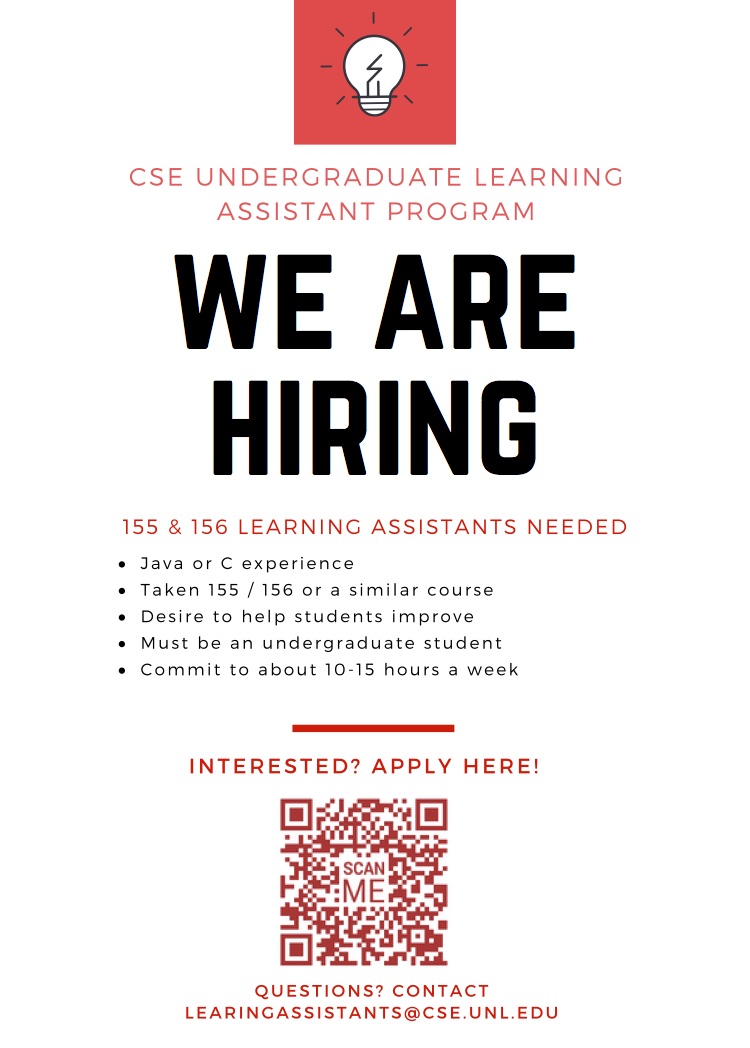 The undergraduate learning assistants program is opening their application for the Spring 2019 semester for both 155 and 156. 