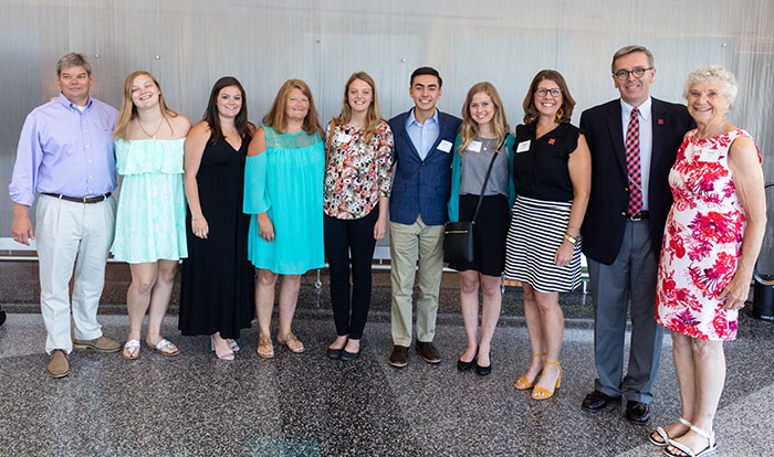 Scholarship recipients, members of the Swarts family, Angie Pannier, and Chancellor Ronnie Green.