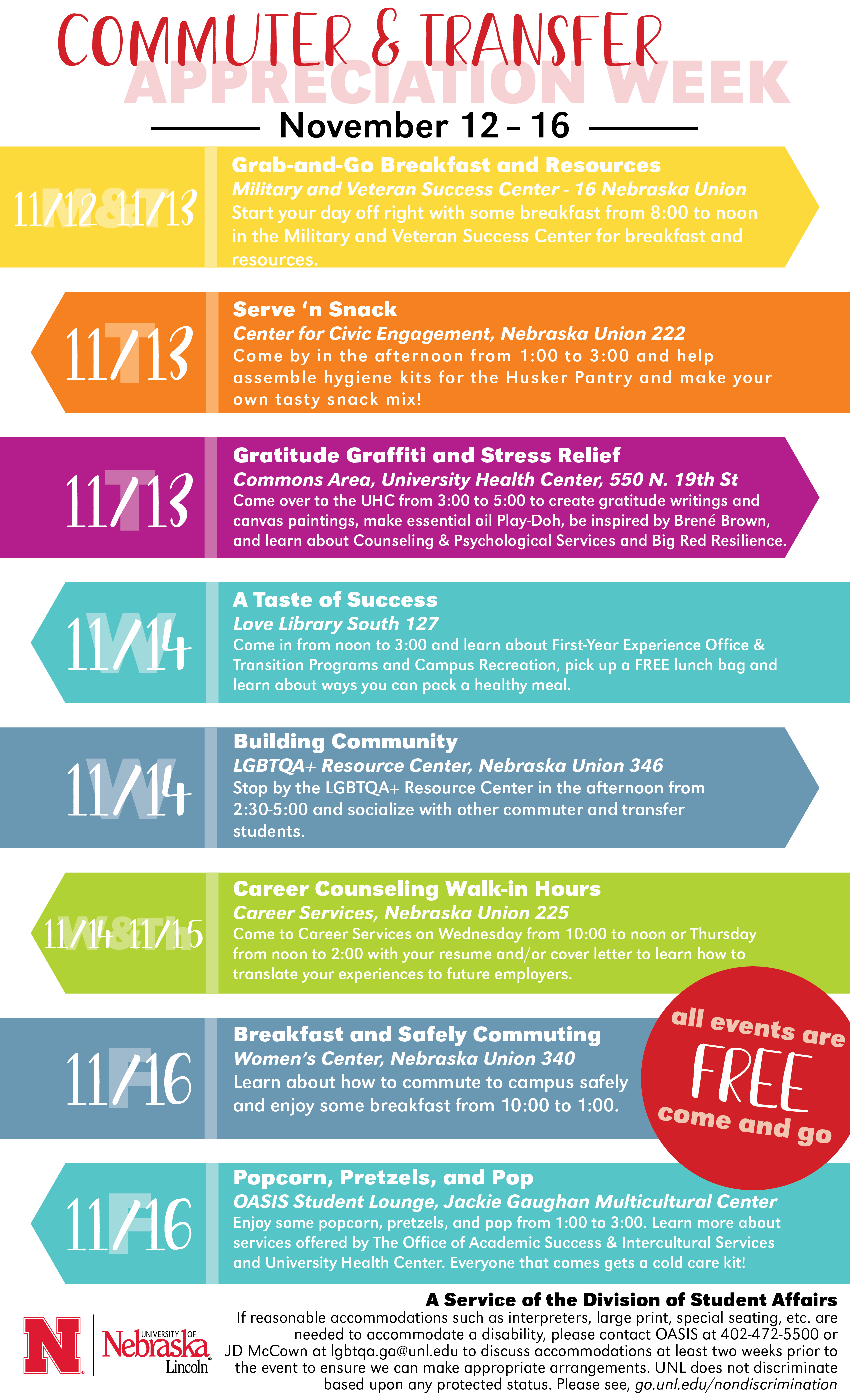 Schedule of events for Commuter & Transfer Appreciation Week. More info available at http://events.unl.edu/diversity