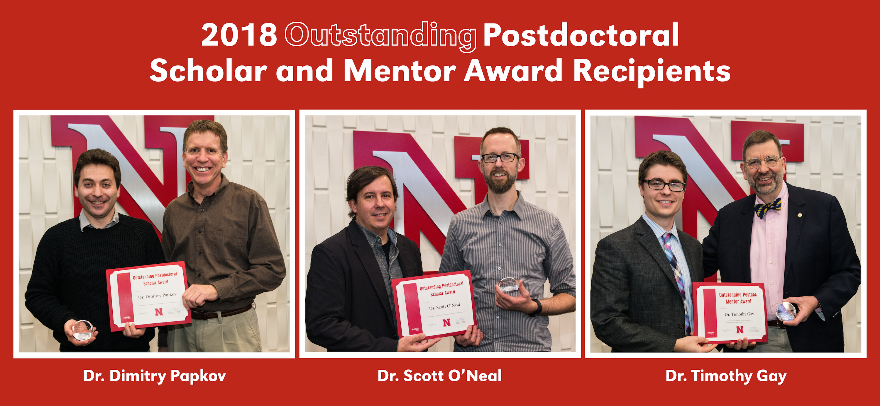 Dr. Dimitry Papkov (farthest left) and Dr. Scott O'Neal (middle right) won a Outstanding Postdoctoral Scholar Award and Dr. Timothy Gay (farthest right) won the Outstanding Postdoctoral Mentor Award during the 2018 Postdoctoral & Mentor Awards Luncheon. 