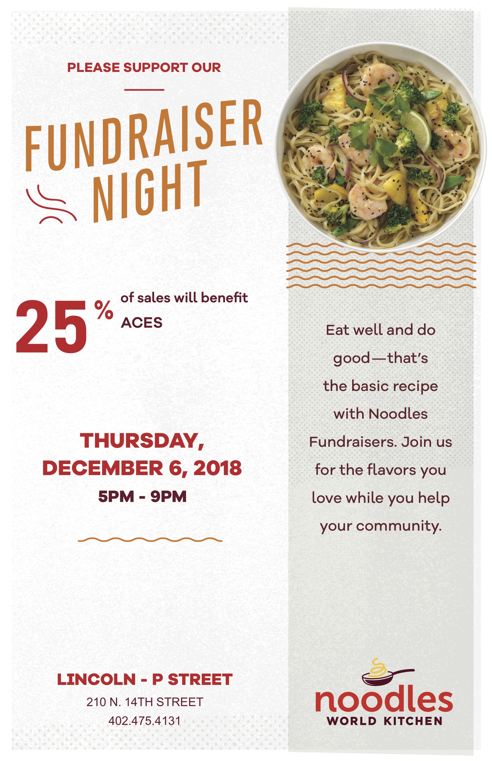 Twenty-five percent of all sales from 5-9 p.m. on Thursday, Dec. 6 will benefit ACES.
