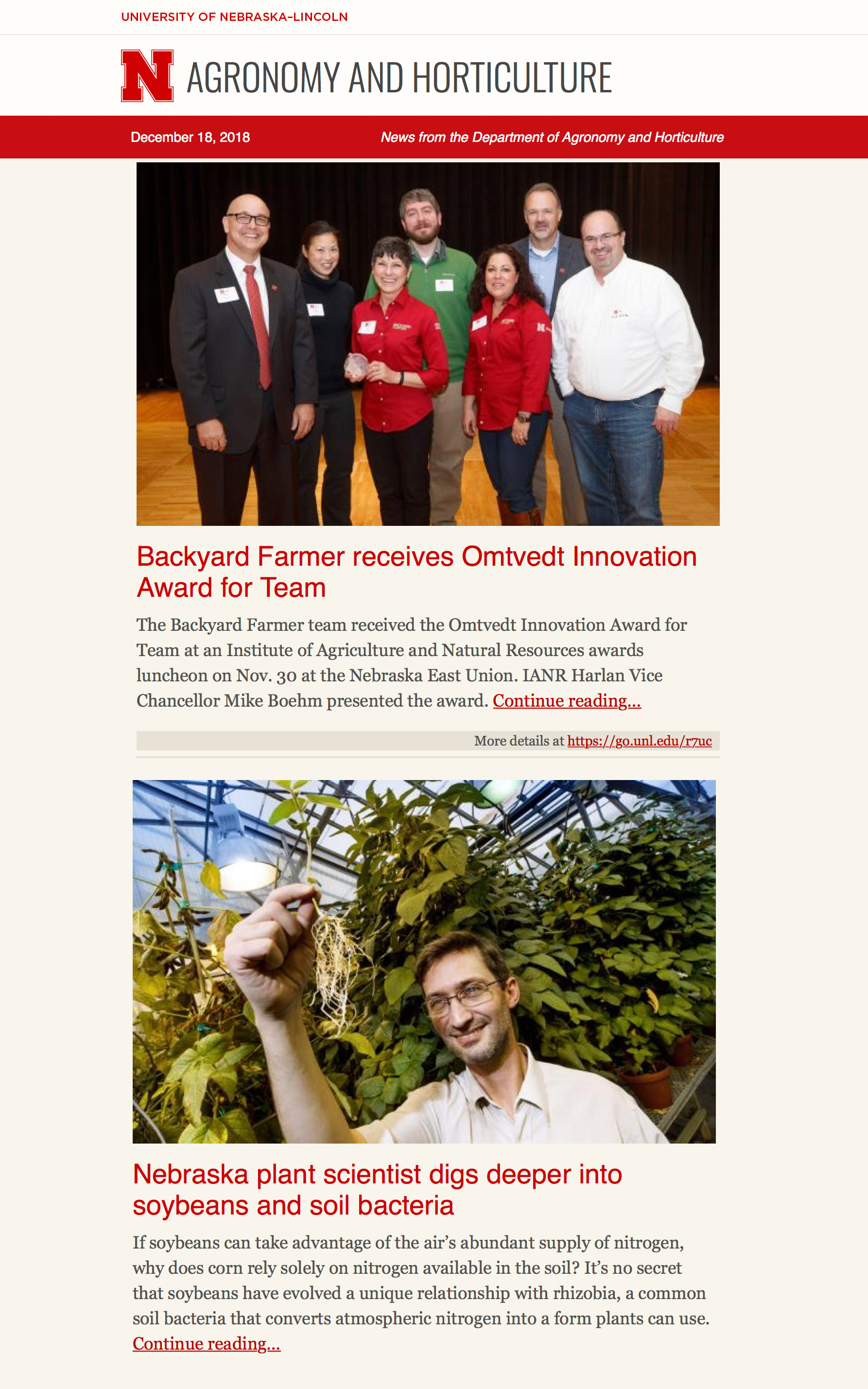 Example of the Department of Agronomy and Horticulture e-newsletter.