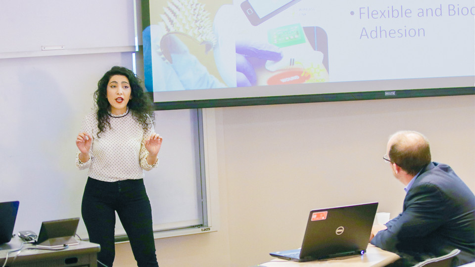 Fariba Aghabaglou, doctoral student in biomedical engineering, won first place among graduate students and faculty with a pitch for SmartFlex, a smart bandage system. The Engineering Pitch Competition included additional resources for participating teams,