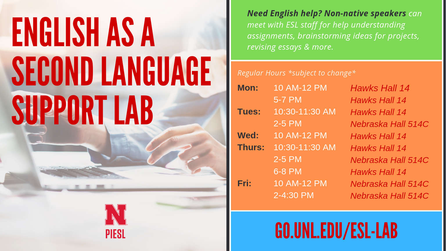 Non-native speakers can meet with ESL staff for help understanding assignments, brainstorming ideas for projects, revising essays & more.