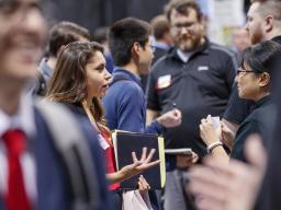 Huskers interact with potential employers during the University of Nebraska–Lincoln's fall 2018 career fair at Pinnacle Bank Arena.