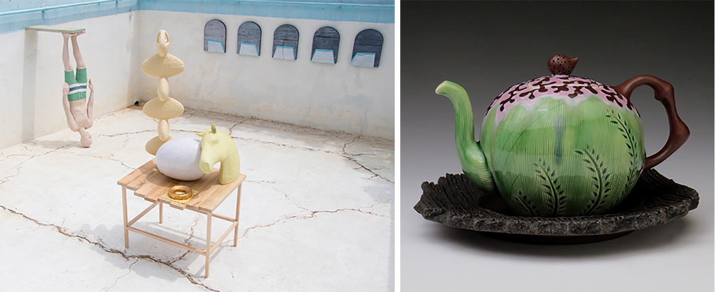 Left: Qwist Joseph, “Dowsing for Before” (exhibition view), site-specific installation in a swimming pool, Riverside, California, 2018; Right: A teapot by Sean Scott.