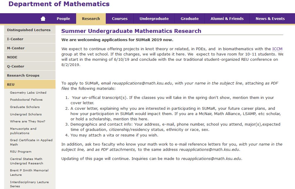 Summer Undergraduate Mathematics Research at KSU 2019 Announce