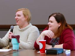From left, Amanda Prokasky, project coordinator, and Kristen Derr, CYFS project manager, answer questions during the Feb. 7 NAECR Knowledge event.