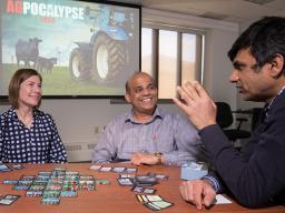 BSE faculty (from left) Jenny Keshwani, Jeyam Subbiah and Ashu Guru led a team that developed a video game that teaches real-world farming to middle and high school students.