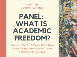 Join the conversation with the Graduate Student Assembly this Thursday, February 21 from 5 p.m. to 6:30 p.m. in the Unity Room at the Jackie Gaughan Multicultural Center. Refreshments will be provided. 