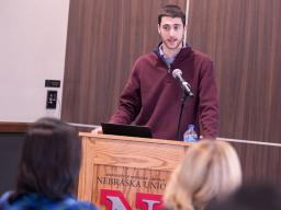 Jared Stevens, graduate research assistant in educational psychology, leads a Feb. 1 Methodology Applications Series presentation on the data collection platform Qualtrics.