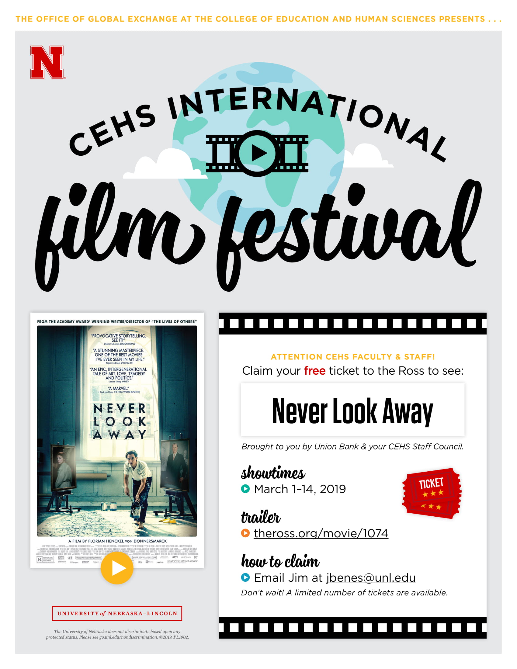 The CEHS International Film Festival continues March 1-14 with "Never Look Away." 
