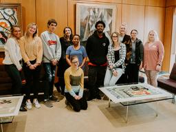 Anthony Blue (fifth from right) with School of Art, Art History & Design students at Sheldon Museum of Art. Photo by Justin Mohling.
