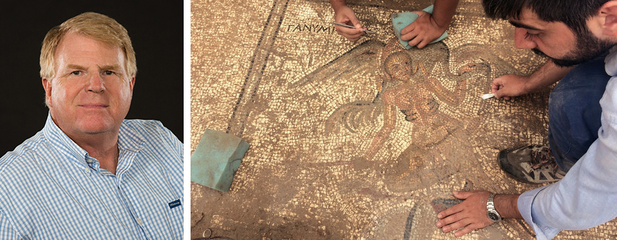 (Left) Michael Hoff; (Right) The mythological figure Ganymede appears in this detail of the mosaic paving for an ancient latrine discovered last summer near the town center of the ancient city of Antiochia ad Cragum. Courtesy photo.