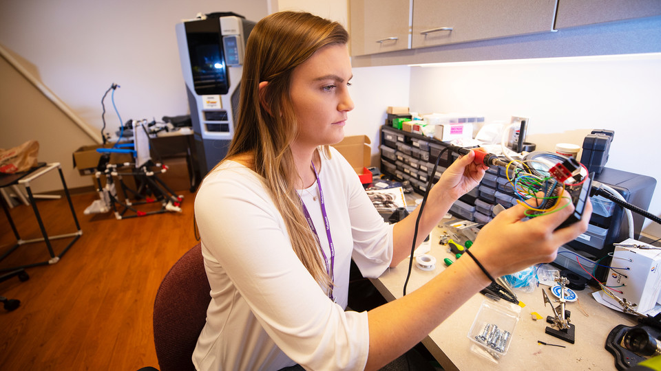 Alex Hruby works on her research project in the Institute for Rehabilitation Science and Engineering at Madonna Rehabilitation Hospital's Lincoln campus.