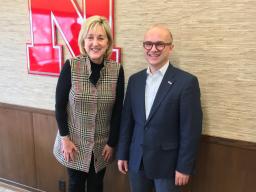 Donde Plowman, Executive Vice Chancellor and Chief Academic Officer, greets French Consul General Guillaume Lacroix during his visit to UNL on March 25, 2019.