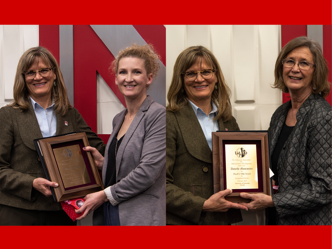 Diane Mendenhall presents awards to Celeste Spier (left, receiving award for Rachel Larson) and Donelle Moormeier.