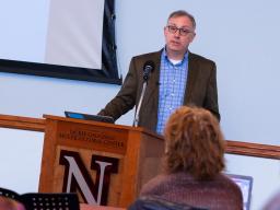 Tim Guetterman, applied research methodologist and co-director of the University of Michigan’s Mixed Methods Program, leads a March 7 research presentation at the Jackie Gaughan Multicultural Center.