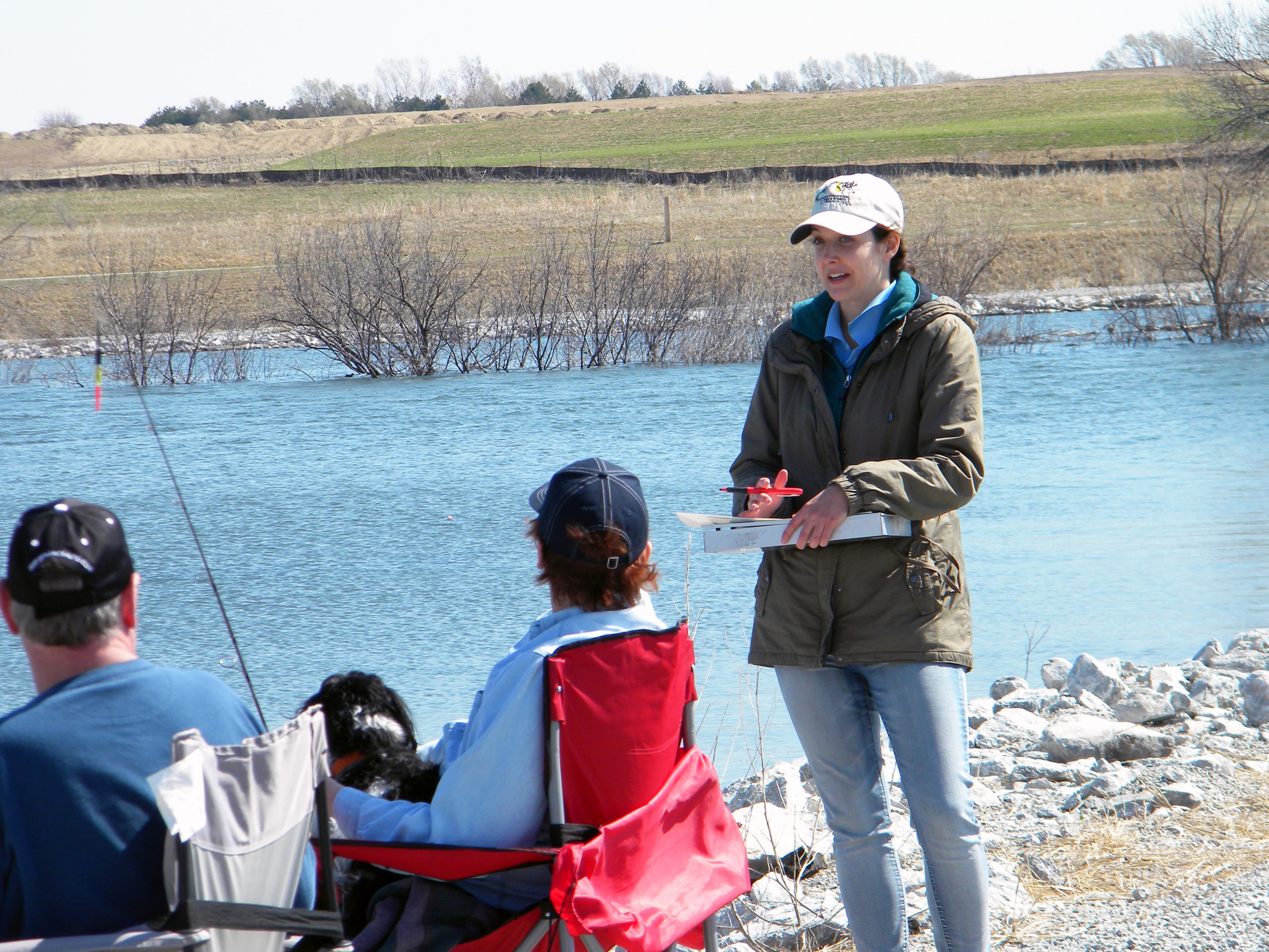 Alexis Fedele interviews anglers in April 2015 at Prairie Queen Lake, in northcentral Sarpy County, Nebraska. / Photo courtesy Nick Cole