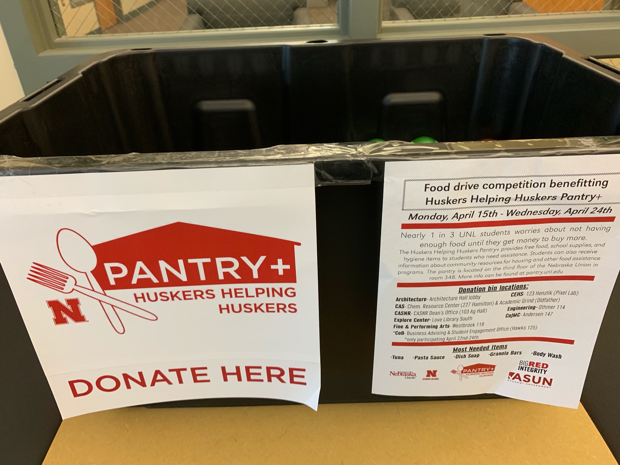Donations for the Huskers Helping Huskers Pantry+ drive can be placed in this bin outside Othmer 114 through Wednesday, April 24.