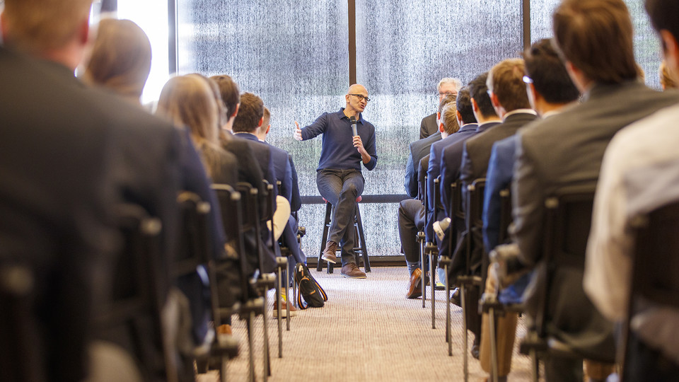 Microsoft CEO Satya Nadella talks with students from Nebraska's Jeffrey S. Raikes School of Computer Science and Management on April 18. 
