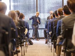 Microsoft CEO Satya Nadella talks with students from Nebraska's Jeffrey S. Raikes School of Computer Science and Management on April 18. 