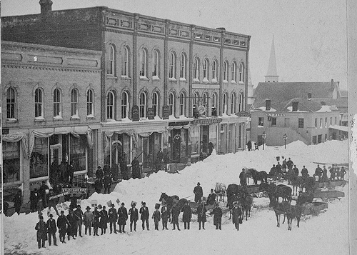 This stereoscopic of downtown Woodstock, Ill., shows the town square following the March 19, 1881 blizzard. The winter of 1881 was one of the worst on record in the 1800s, and was the subject of Laura Ingalls Wilder's “The Long Winter.” 