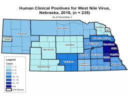 Nebraska human clinical West Nile virus cases by local health jurisdiction, 2018. 235 total clinical cases in Nebraska (Map from Nebraska Department of Health & Human Services)