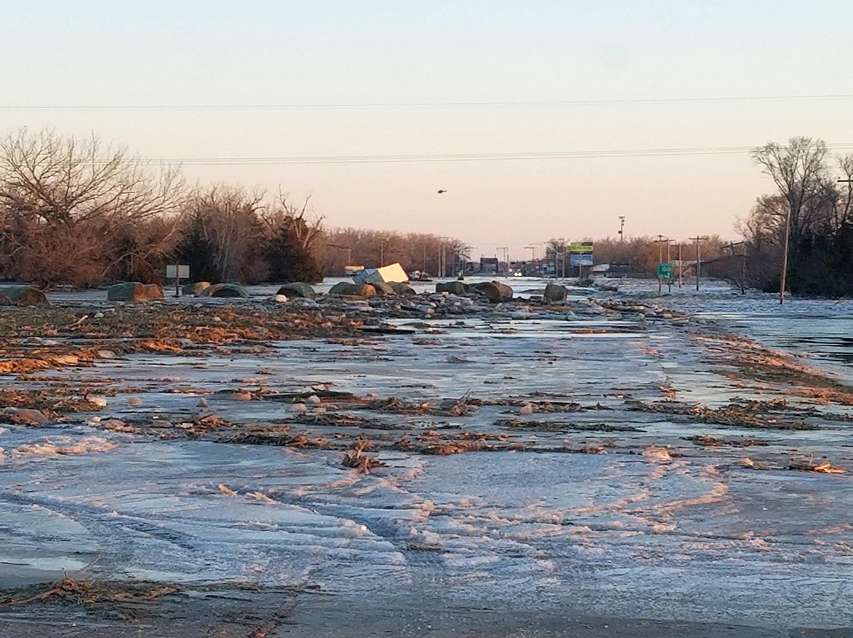 Cornstalks and hay bales displaced by ice-covered flood waters on March 14 near Columbus. (Photo courtesy of Jeff Berggren)