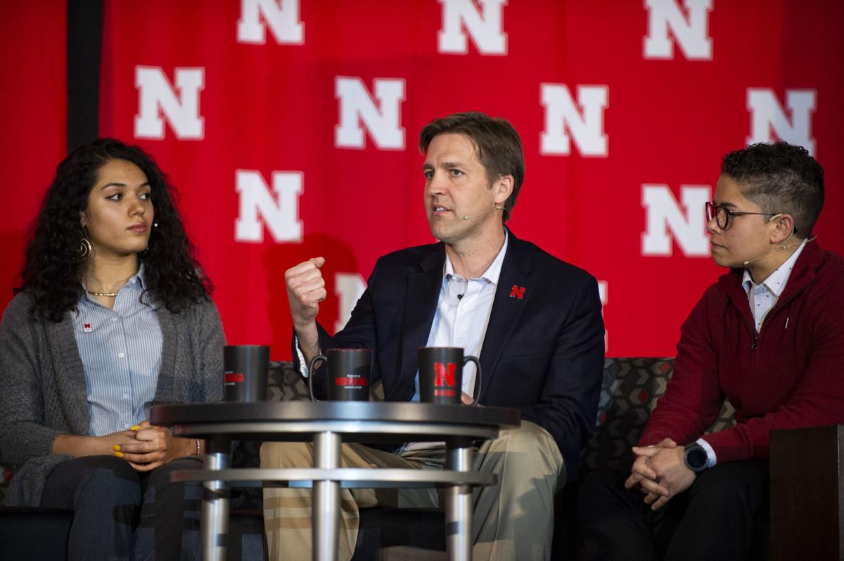 Sen. Ben Sasse answers questions during a discussion panel held as part of Charter Week. Sociology majors Grace Chambers and Kamryn Sannicks moderated the panel. 