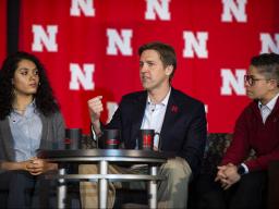 Sen. Ben Sasse answers questions during a discussion panel held as part of Charter Week. Sociology majors Grace Chambers and Kamryn Sannicks moderated the panel. 