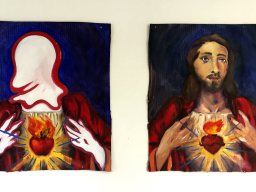 Michael Johnson, "Wiggle Jesus" (diptych), oil paint on gessoed cardboard, 60" x 60", 2019.