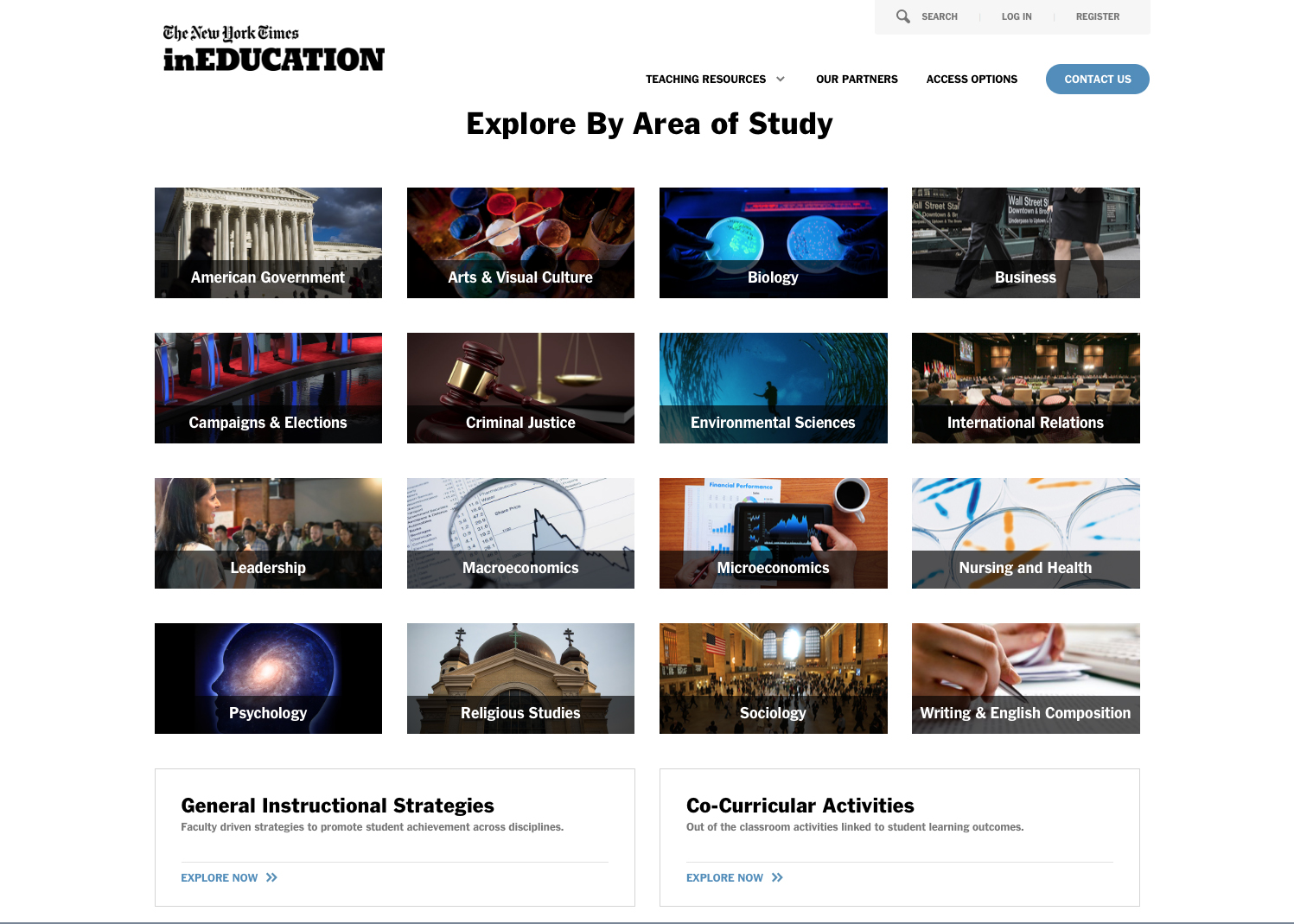 Welcome page of NYTimes inEducation website