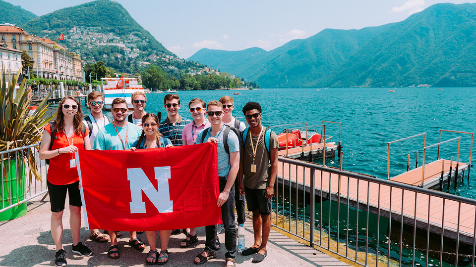 Husker choir students pose by Lake Lugano in Italy as part of an education abroad experience in summer 2019. Overall, 426 Husker students participated in faculty/staff led ed abroad experiences this summer.
