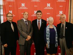 Left to right:  Scott Raymond, Mike Hill, Dean Chuck O’Connor, Karen Kunc and Donald Gorder at the 2019 Honors Day celebration. Photo by Justin Mohling.