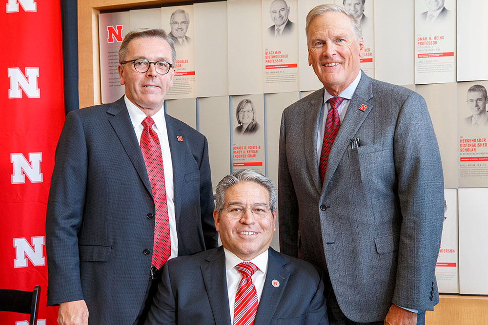 Bruce Grewcock (right), chairman and chief executive officer of Peter Kiewit Sons', Inc., joined University of Nebraska-Lincoln Chancellor Ronnie Green and College of Engineering Dean Lance C. Pérez to announce the company's $20 million gift 