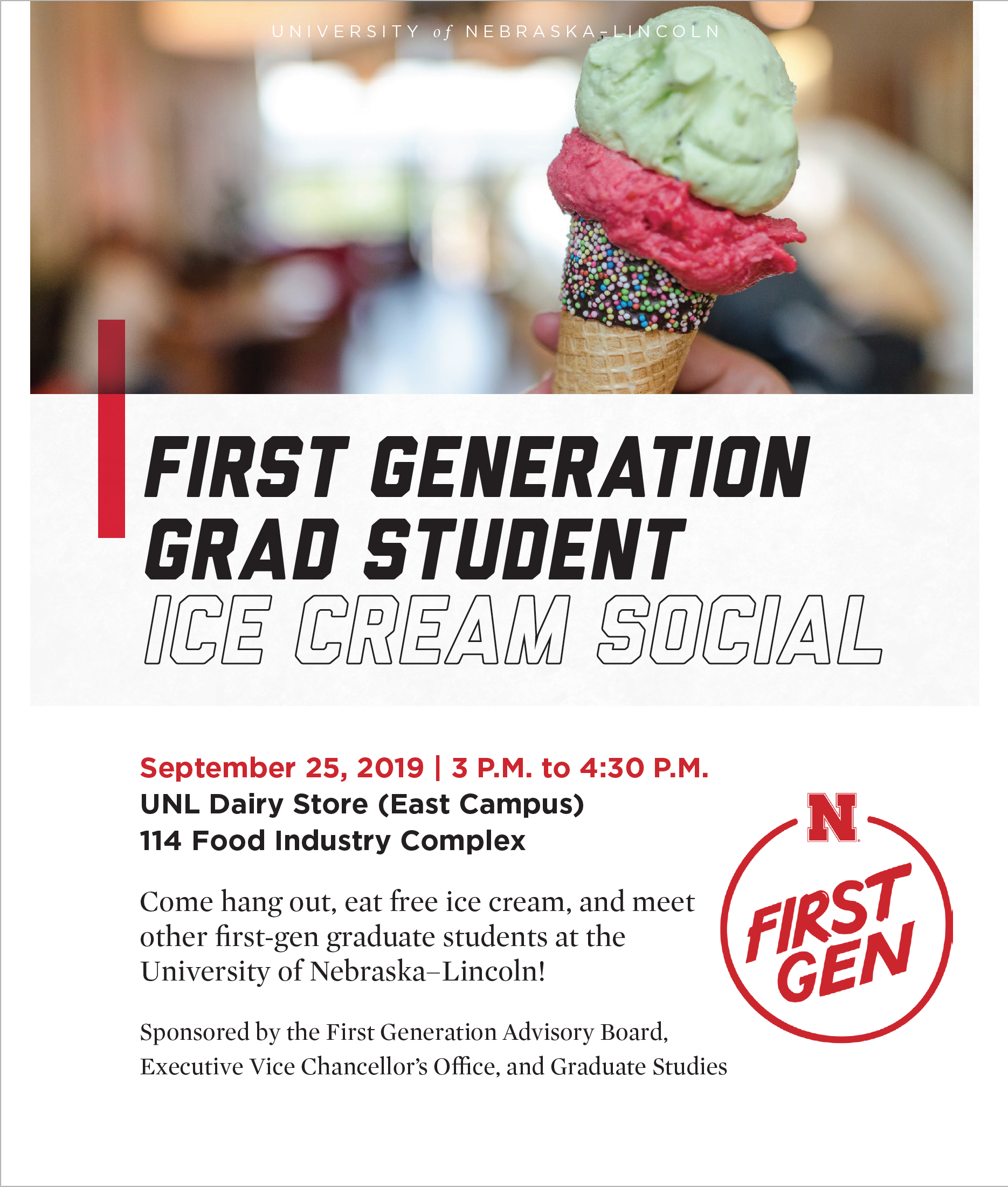 First-generation graduate students can enjoy ice cream, meet other first-gens, and take a break from the semester at the Dairy Store on East Campus. 