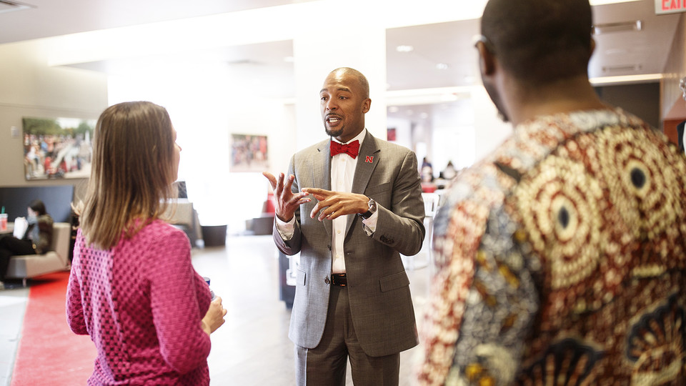  Marco Barker talks with members of the campus community in the Nebraska Union in the days after he started in April as the university's first vice chancellor for diversity and inclusion. | Craig Chandler, University Communication 