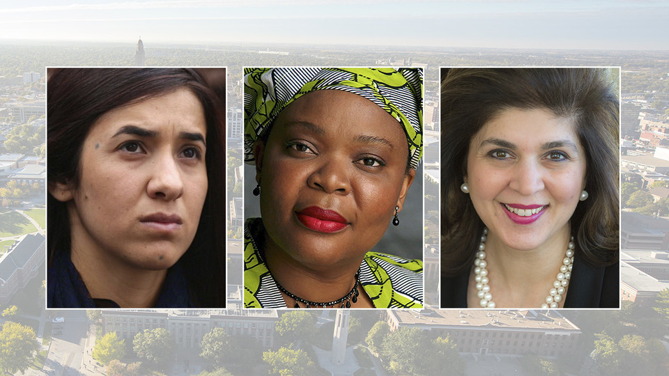Nadia Murad (left), Leymah Gbowee (center) and Farah Pandith are the speakers for the 2019-20 E.N. Thompson Forum on World Issues series.