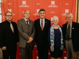 Left to right:  Scott Raymond, Mike Hill, Dean Chuck O’Connor, Karen Kunc and Donald Gorder at the 2019 Honors Day celebration. Photo by Justin Mohling.