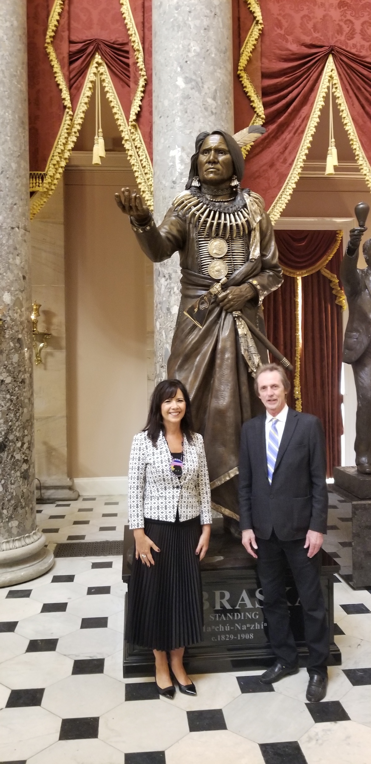 Professor Starita attends the installation of a Chief Standing Bear sculpture at the United States Capitol with Judi gaiashkibos, the executive director of the Nebraska Commission on Indian Affairs.
