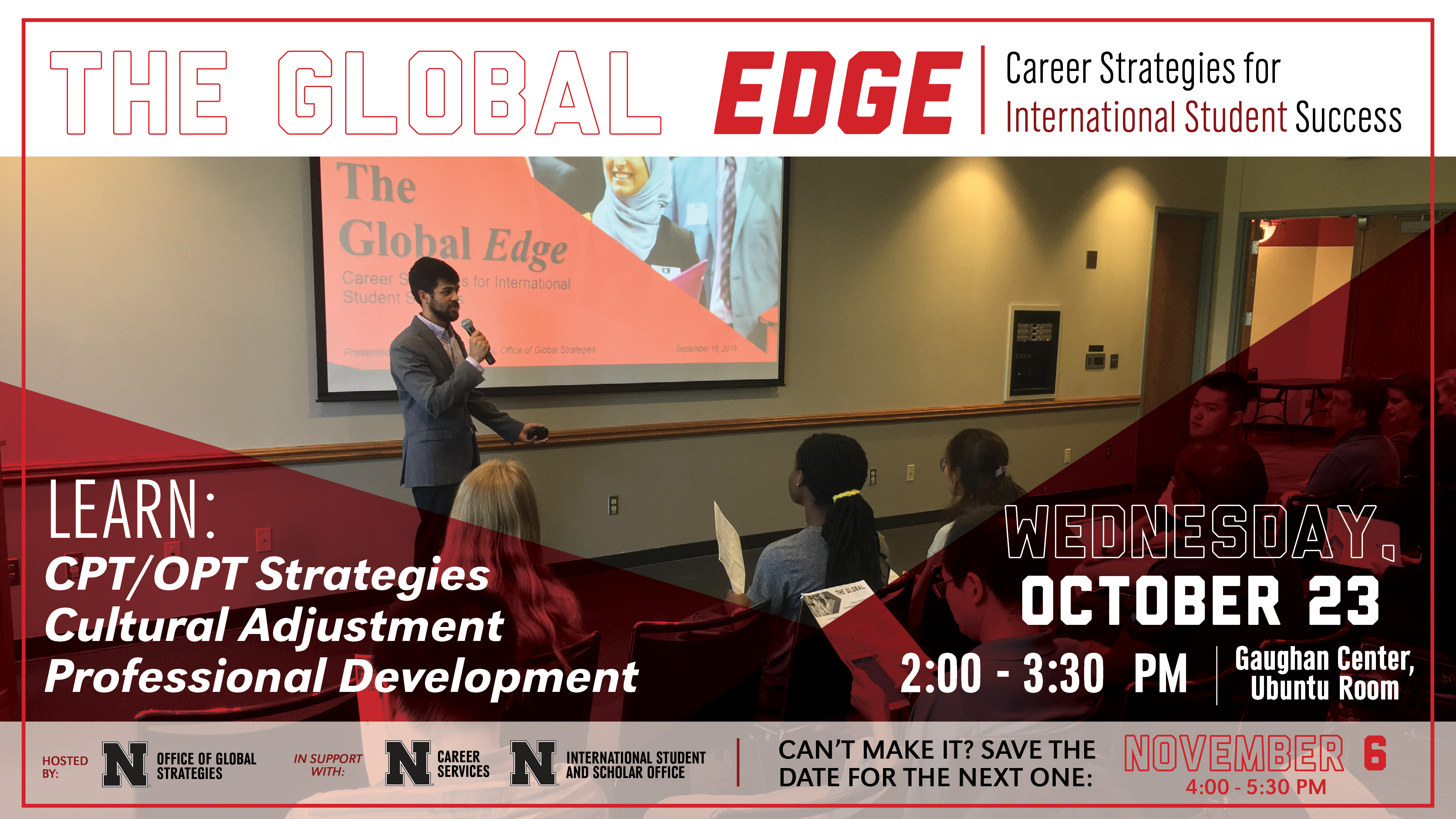 The Office of Global Strategies will host the second of three fall-semester workshops on Oct. 23 from 3:30 p.m. to 5 p.m. for International Students who want to be employed in the U.S. through practical training. 