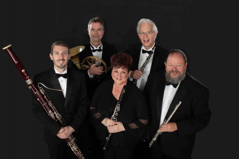 Moran Woodwind Quintet: (from left): Nathan Koch, bassoon; Alan Mattingly, horn; Diane Barger, clarinet; William McMullen, oboe: John Bailey, flute