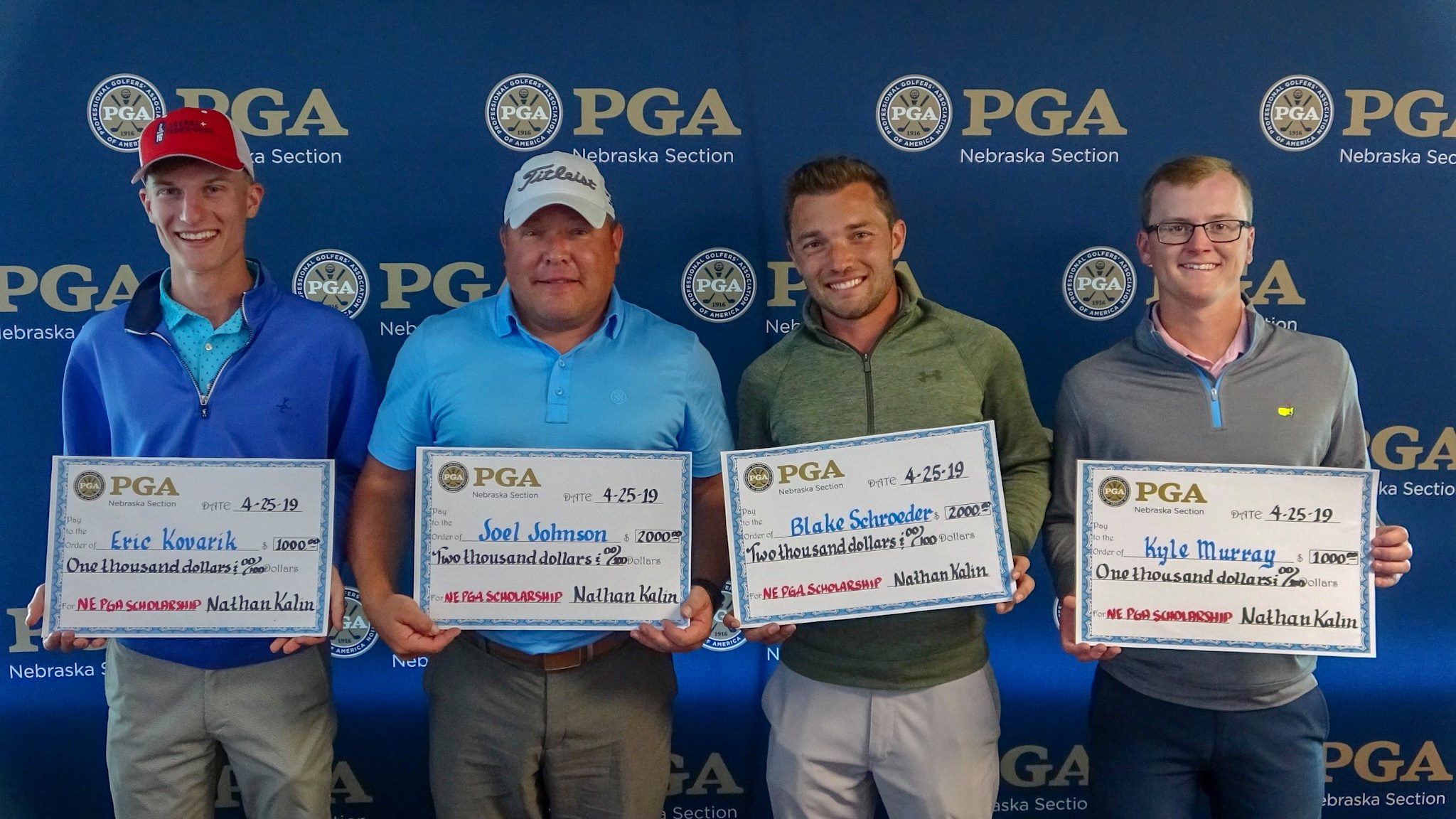 Recipients of the Nebraska Section of the PGA Scholarships from left to right are Eric Kovarik, Joel Johnson, Blake Schroeder, and Kyle Murray