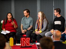 Left to right: Preeta Bansal, Jeff Nicholas, Erica Larsen-Dockray, Ross Warren, Clint! Runge and Kyle Murphy discussed how skills developed by students in the Carson Center will be essential in the changing workforce. Photo by Justin Mohling.